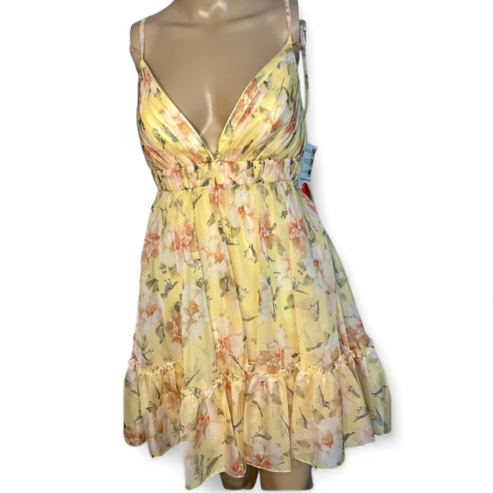 leena for Mac Duggal Yellow Floral Empire Waist Ruffled Mini Dress Size 6 - Picture 2 of 13
